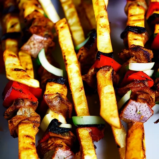 Prompt: a delicious looking kebab with fries,close up shot,high definition