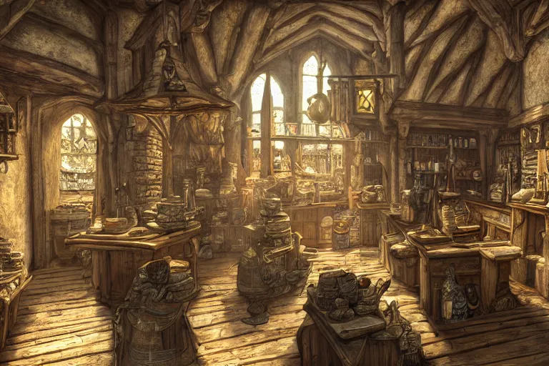 Prompt: A medieval shop viewed from the inside, texture, intricate, details, highly detailed, masterpiece, architecture, building, trending on artstation, focus, sharp focus, concept art, digital painting, fantasy, sunny, day, midday, in the style of skyrim