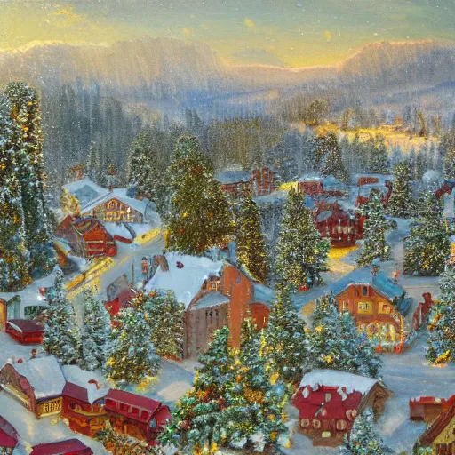 Image similar to a christmas village, aerial view, wide angle, snowing, pine trees, victorian era, 8 k, high detail, oil painting