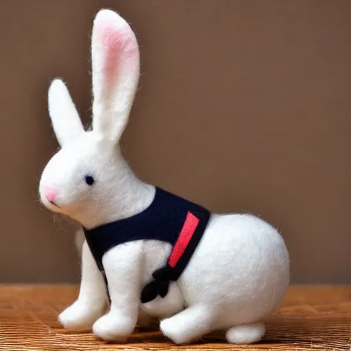 Image similar to a cute elegant felt plush doll of a rabbit wearing overalls detailed highly realistic