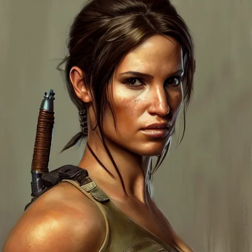 Image similar to Portrait Lara Croft, Tomb Raider, Alicia Vikander, beautiful, 4k oil on linen by wlop, artgerm, andrei riabovitchev, nuri iyem, james gurney, james jean, greg rutkowski, highly detailed, soft lighting 8k resolution