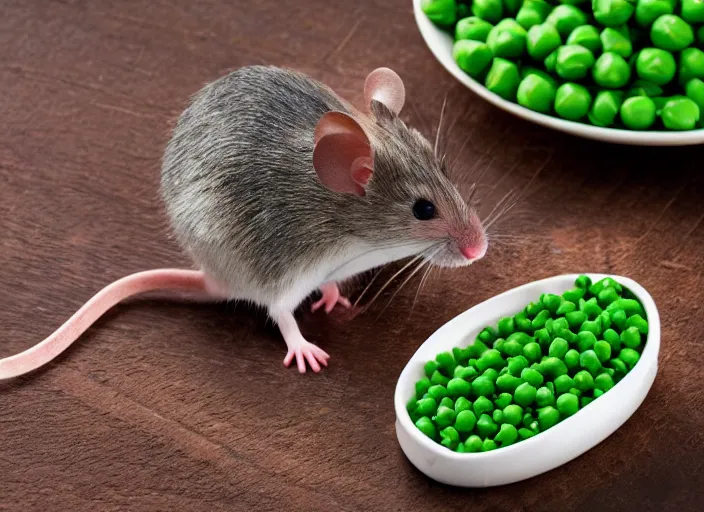 Prompt: a photograph of a cute mouse eating peas