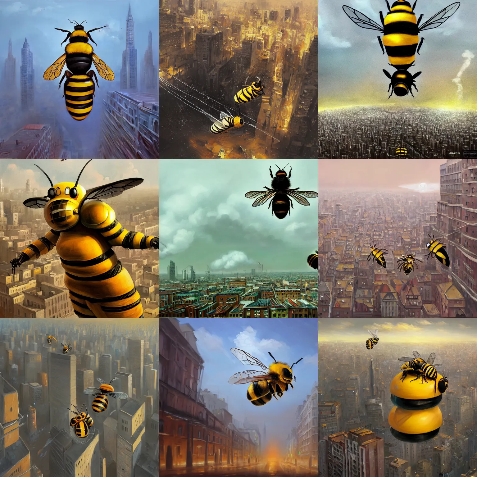 Prompt: a giant bee destroying a city painted by Alex Andreev, conceptual art, realistic painting, very detailed, trending on ArtStation, 4k wallpaper, high definition