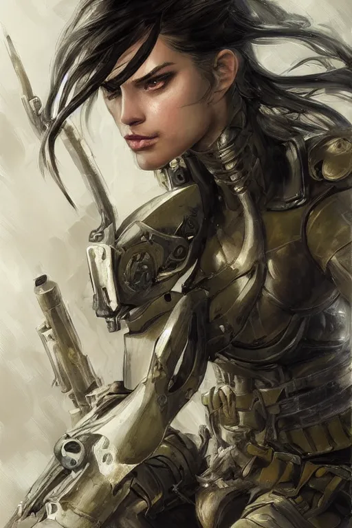 Image similar to a professionally painted portrait of an attractive young woman clothed in military-style battle armor, olive skin, long dark hair, beautiful bone structure, symmetrical facial features, intricate, elegant, heroic, digital painting, concept art, smooth, sharp focus, illustration, finely detailed, from Metal Gear by Ruan Jia and Mandy Jurgens and Artgerm and William-Adolphe Bouguerea, award winning, trending on Artstation