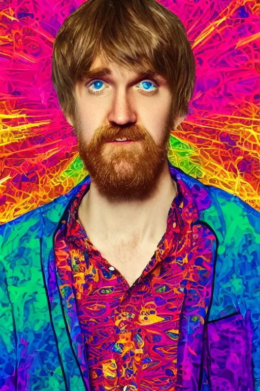 Image similar to inspirational style hope poster of shaggy bo burnham with beard, psychedelic colors, highly detailed, photograph, loving