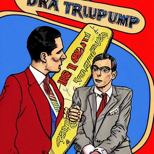 Prompt: !dream The Artwork of R. Crumb and his Cheap Suit Donald Trump and Jared Kushner, pencil and colored marker artwork, trailer-trash lifestyle