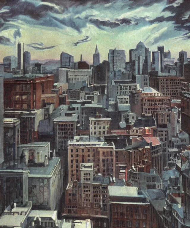 Image similar to horrifying full color photorealistic painting of the view from a 1 9 2 5 hotel terrace balcony overlooking a warped view of downtown boston in 1 9 2 5 with a cosmic sky, dark, atmospheric, brooding, smooth, finely detailed, cinematic, epic, in the style of paul carrick