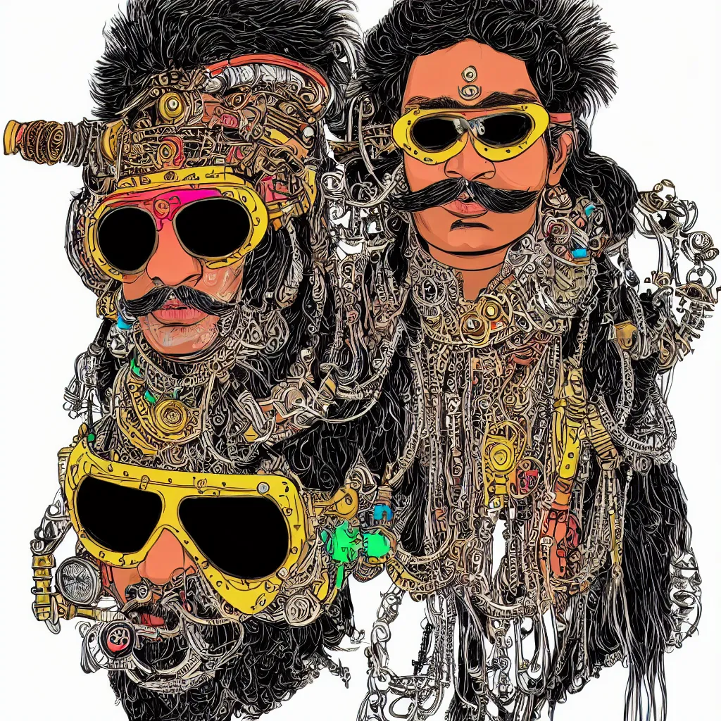 Prompt: face portrait of an indian man with long neon moustache rajasthani headgear wearing madmax style steampunk goggles and steampunk jewelry, art by butcher billy, sticker, colorful, illustration, highly detailed, simple, smooth and clean vector curves, no jagged lines, vector art, smooth