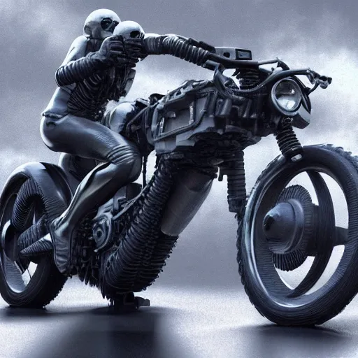 Image similar to a sci - fi biker fused with his bike, art by hr giger, dramatic, volumetric lights, octane rendering, trending on artstation, greeble