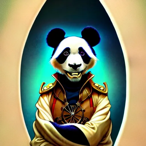 Image similar to don bluth, loish, artgerm, joshua middleton, steampunk, clockpunk anthropomorphic panda, full sailor suit, symmetrical eyes symmetrical face, colorful animation forest background