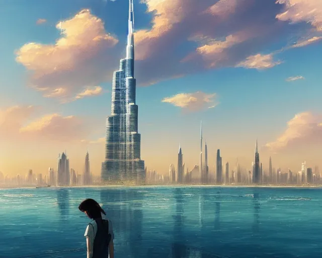 Image similar to dubai city and burj khalifa in front blue water, atmospheric lighting. by makoto shinkai, stanley artgerm lau, wlop, rossdraws, james jean, andrei riabovitchev, marc simonetti, krenz cushart, sakimichan, d & d trending on artstation, digital art.