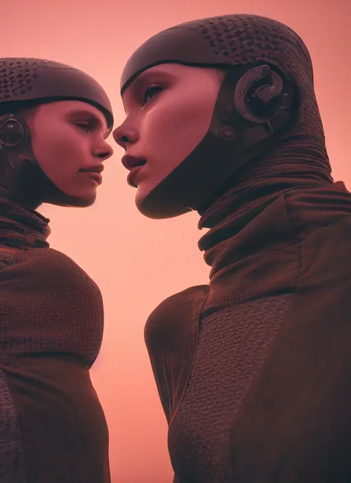 Image similar to cinestill 5 0 d photographic portrait by steve mccurry of two loving female androids wearing rugged black mesh techwear in a brutalist compound with a red sky, extreme closeup, cyberpunk style, dust storm, 8 k, hd, high resolution, 3 5 mm, f / 3 2, ultra realistic faces, ex machina