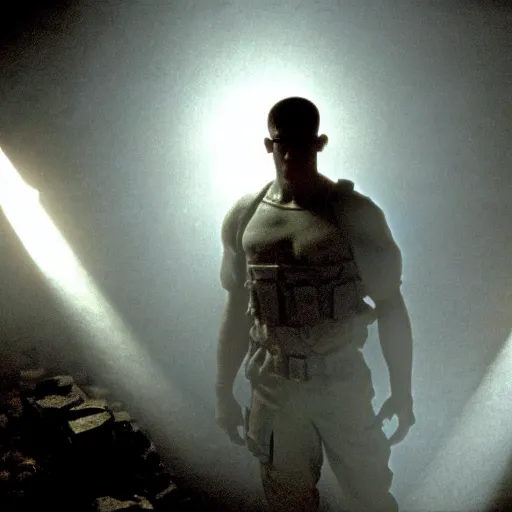 Image similar to soldier is made of rocks, still from the movie universal soldier, fog, dramatic lighting