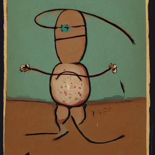 Image similar to a small turquoise sausage - shaped creature with two outstretched stick - like heads from the front of his body in costume