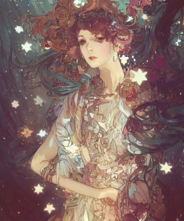 Prompt: a birdcage filled with many stars, some gears were scattered all over the floor by krenz cushart and mucha, prismatic