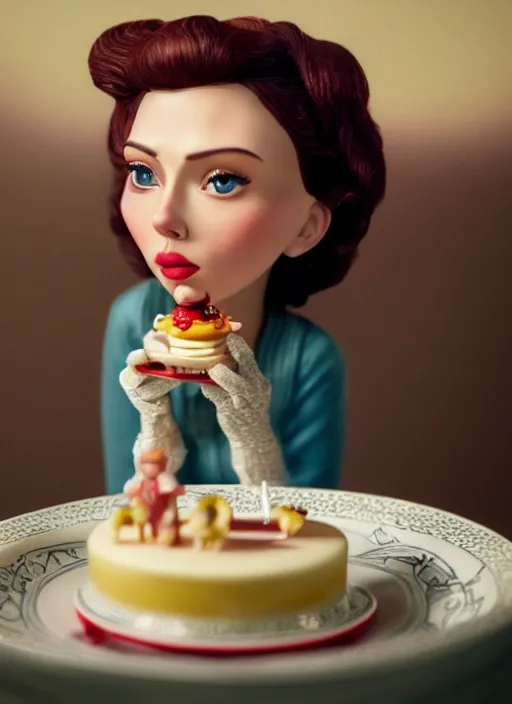 Image similar to closeup portrait of tin toy scarlett johansson eating cakes, depth of field, zeiss lens, detailed, symmetrical, centered, fashion photoshoot, by nicoletta ceccoli, mark ryden, lostfish, earl nore, hyung tae, frank frazetta, breathtaking, 8 k resolution, extremely detailed, beautiful, establishing shot, artistic, hyperrealistic, octane render