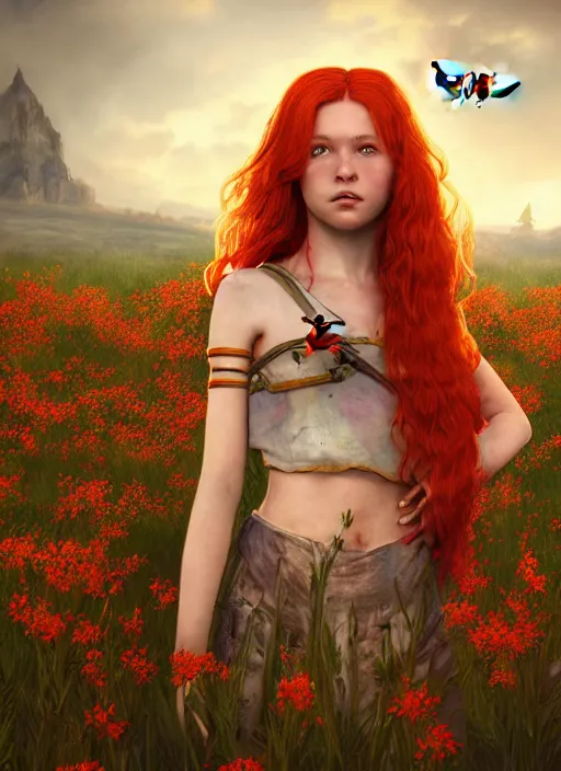 Image similar to An epic fantasy comic book style portrait painting of a young red headed girl with a tiny bright golden bee engraved on her exposed shoulder in a field of flowers , unreal 5, DAZ, hyperrealistic, octane render, cosplay, RPG portrait, dynamic lighting