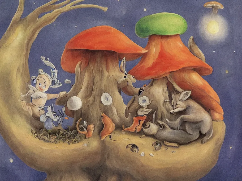 Prompt: painting depicting a gnome and a fox embracing under a large mushroom, in the style of Salvador Dali