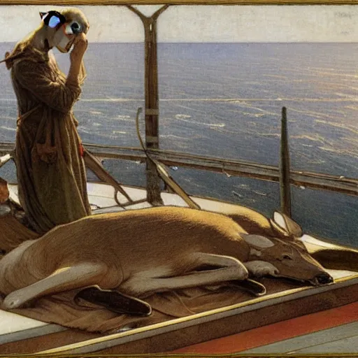 Prompt: a deer asleep on the deck of an aircraft carrier, mucha