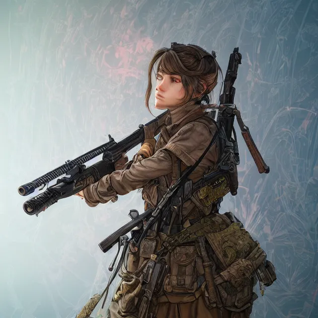 Image similar to the portrait of lawful neutral semi - colorful female infantry sniper as absurdly beautiful, gorgeous, elegant, young woman looking up, an ultrafine hyperdetailed illustration by kim jung gi, irakli nadar, intricate linework, bright colors, octopath traveler, final fantasy, unreal engine 5 highly rendered, global illumination, radiant light, detailed and intricate environment