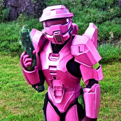 Image similar to cute master chief in pink armor holding a banana