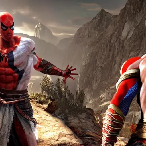 Prompt: screenshot of the game God of War with Kratos and Spiderman high fiving | Sony Pictures official media | Spiderman | Spiderman | Spiderman