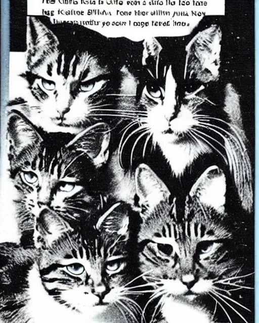 Image similar to a page from a 1977 feline high school yearbook, where all the students are cats