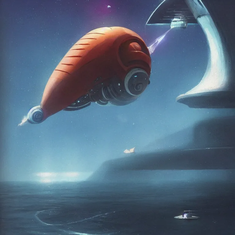 Prompt: nautilus spaceship starship rising from a steamy ocean, sci - fi concept art, by john harris, by simon stalenhag, by vincent di fate, stunning, award winning