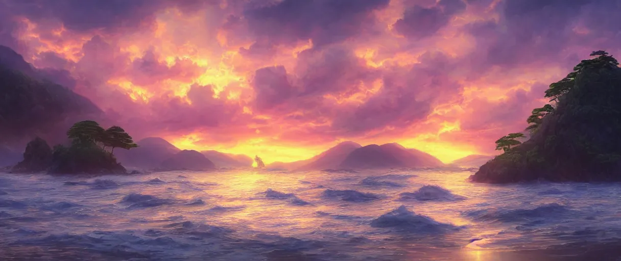 Image similar to digital painting of a detailed sunset over the ocean, ultra detailed Buddhist temple on the beach behind a forest, large mountains in back, concept art, low angle, high detail, warm lighting, volumetric, godrays, vivid, beautiful, trending on artstation, by Jordan Grimmer, no focus, huge scene, ultra detailed ripples, F11 aperture, levitating Buddhist monk dressed in yellow garment silhouette, in the style of ALBERT BIERSTADT