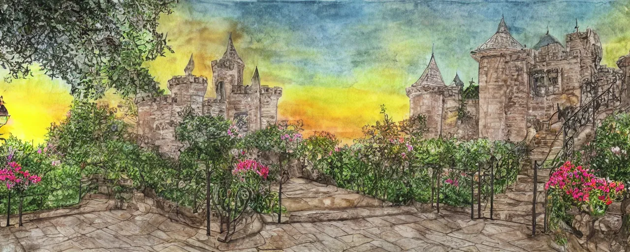 Prompt: huge flower, courtyard walkway, sunset, castle, stairway, chairs, wrought iron, gate, tree, delicate, botanic garden, road, botanical herbarium paper, watercolor colored painting, iridescent colors, 8 k, realistic shaded, fine details, artstation, italian style, colonnade