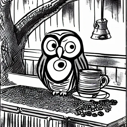 Prompt: an owl drinks coffee and looks grumpy. 1960\'s cartoon.