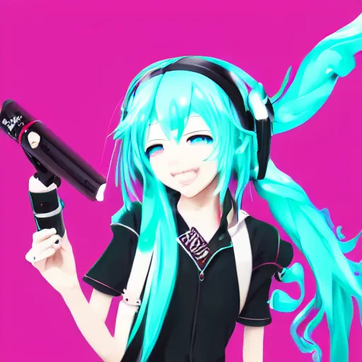 Image similar to hatsune miku high on weed with bloodshot eyes smoking with a vape pen, artstation, 4 k