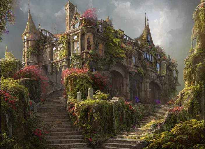 Image similar to a painting of an overgrown castle with stairs leading up to it, a detailed matte painting by edwin deakin, cgsociety, gothic art, matte painting, concept art, matte drawing