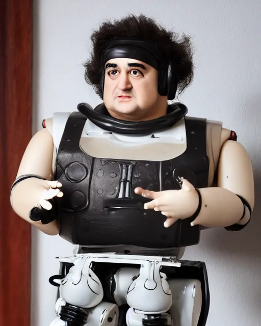 Image similar to Highly detailed robot remote controlled animatronic half scale doll toy in the likeness of John Belushi’s Bluto from Animal House, Studio Lighting