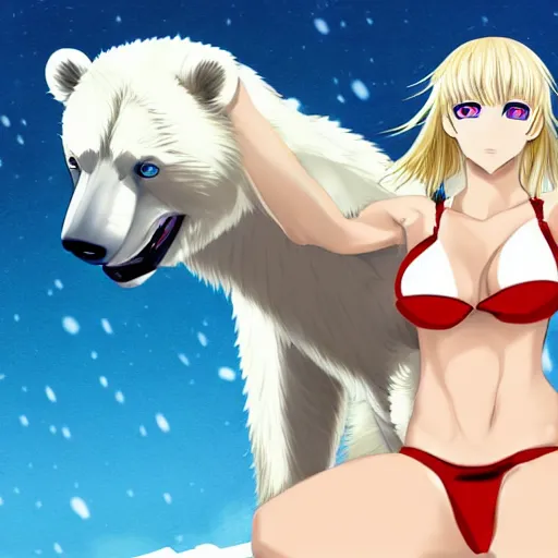 Image similar to bicolor - eyed blonde muscular anime girl in bikini riding a polar bear in the snowy mountains background