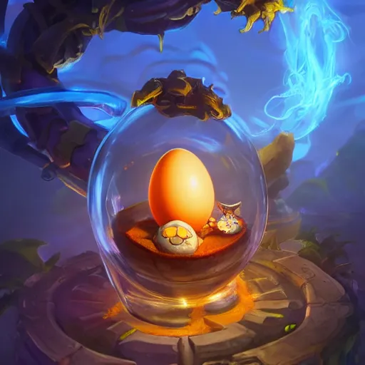 Prompt: arcanepunk egg made of glass containing a baby animal inside, artificial creature plugged with long wires made of glass, liquids, DNA experiment, bright art masterpiece artstation. 8k, sharp high quality artwork in style of Jose Daniel Cabrera Pena and Greg Rutkowski, golden theme, concept art by Tooth Wu, blizzard warcraft artwork, hearthstone card game artwork