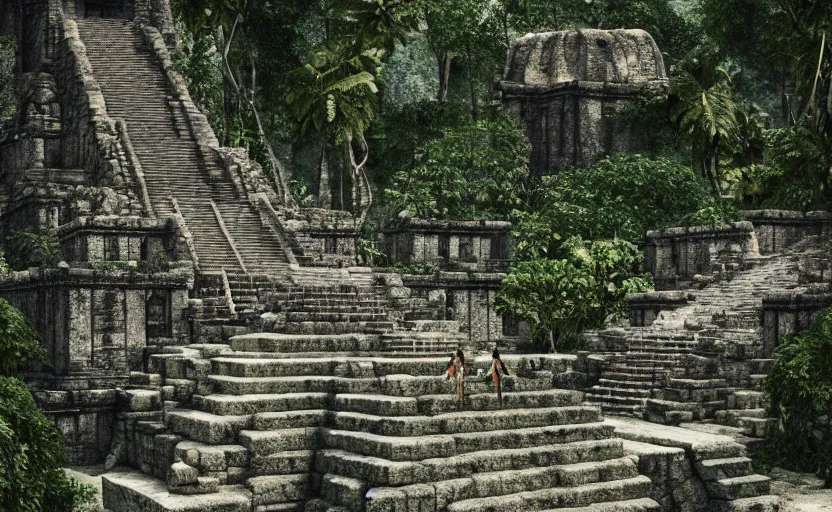 Image similar to Fashion Runway!, Catwalk!!, Platform in a Maya Temple in the Rainforest, Concept Art, Octane, Redshift, 4k