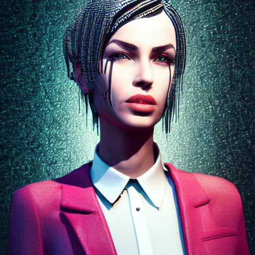 Image similar to stylish woman cartoon portrait made out of rain, pinstripe suit, wearing a shiny metal crown, cyberpunk background, rendered in octane, unreal engine, highly detailed, trending on artstation, realistic, neon, beautiful