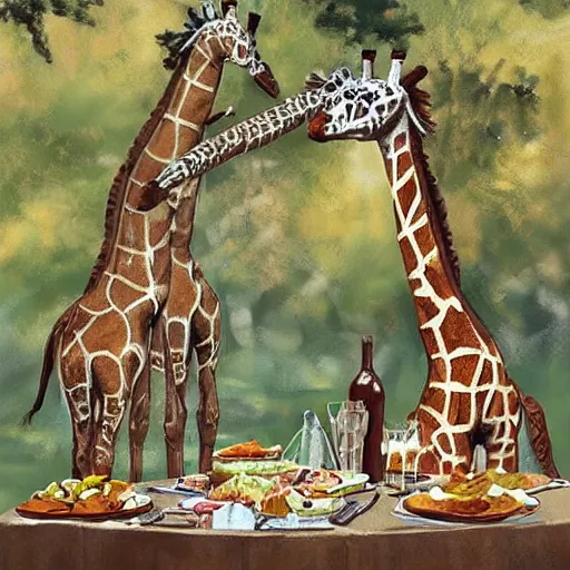 Image similar to mechanical giraffes, having a picnic, realistic,