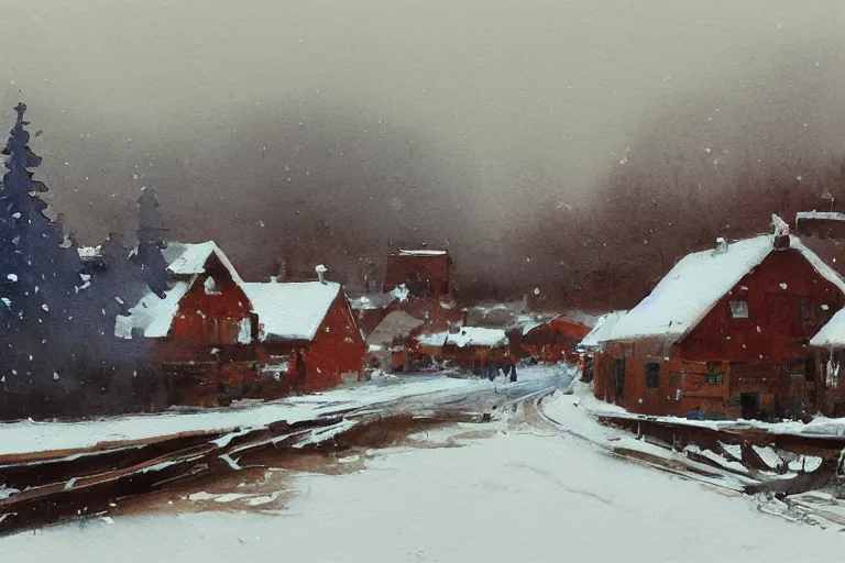 Prompt: small painted on watercolor paper, paint brush strokes, abstract watercolor painting of western town, snowy weather, winter, american frontier, midday sharp light, dust, cinematic light, american romanticism by hans dahl, by jesper ejsing, by anders zorn, by greg rutkowski, by greg manchess, by tyler edlin