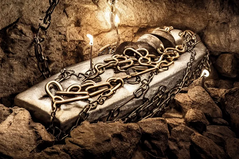 Prompt: middle of cave, light, bronze coffin, chain, medium gray, cinematic texture, high color contrast