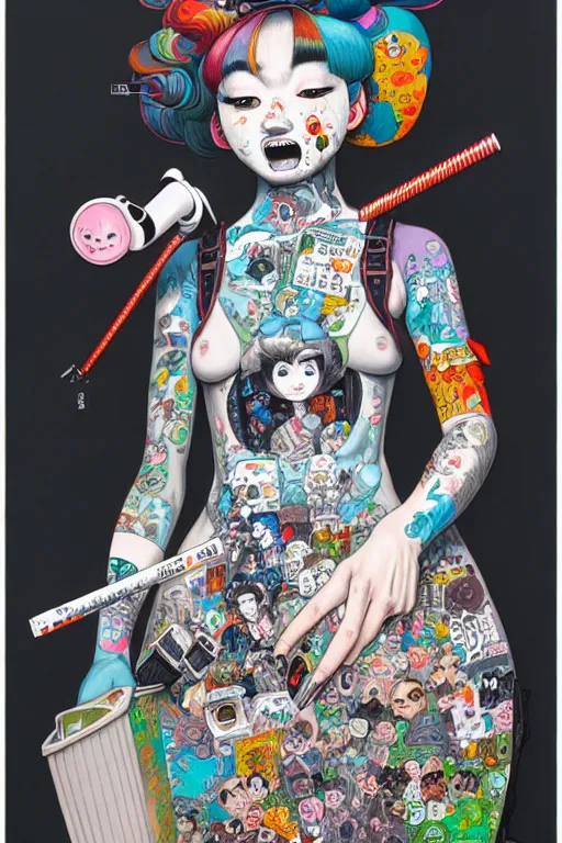 Image similar to full view, from a distance, of anthropomorphic trashcan, style of yoshii chie and hikari shimoda and martine johanna, highly detailed