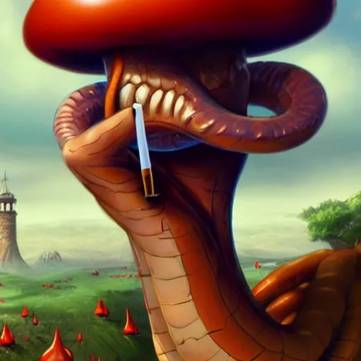 Image similar to A centered chest up portrait of a psychedelic demonic anthropomorphic snake smoking a hand-rolled cigarette smoking heavily , magic mushroom village in background , award winning. superb resolution. in the art style of junji Ito and greg rutkowski . Detailed Mushroom city in background. Hyper realistic anime. Perfect art. Dalle2