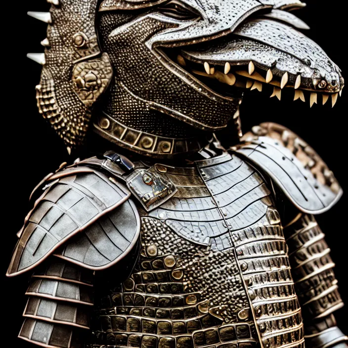 Prompt: photograph of a warrior with crocodile themed armour. extremely detailed. dslr. 8 5 mm.