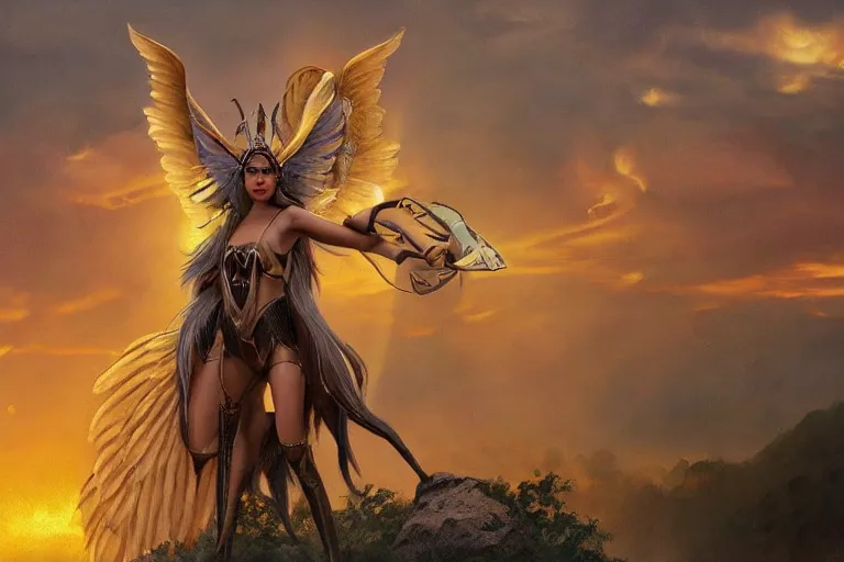 Image similar to wide - shot | dslr | madison beer | as a valkyrie warrior | giant winged horse | detailed face | rain | raytracing!!! | arrows | sunset | smoke | ethereal | golden hour | by victor nizovtsev, john blanche, werner herzog | fantasy | highly detailed | north mythology | realism | film | cinematic 4 k | upscaled!!!