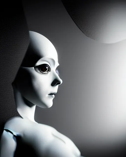 Image similar to black and white high quality photo of a female AI-queen-cyborg-doll looking into a sci-fi mirror, volumetric lighting, foggy, dreamy, hyperdetailed, photorealistic, cinematic, masterpiece, elegant, dark, in the style of Man Ray, octane render, 8K,