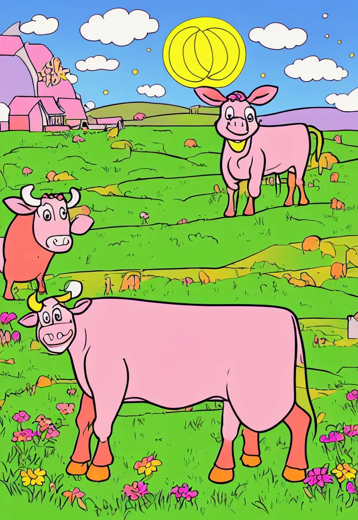 Prompt: colouring page of a happy cow on a sunny new zealand farm, in the style of disney's home on the range, pixiv fanbox, dramatic lighting, maximalist pastel color palette, clean cel shaded vector art,
