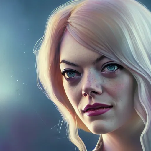 Prompt: beautiful Emma Stone as Spider-Gwen, western, closeup, D&D, fantasy, intricate, elegant, highly detailed, digital painting, artstation, concept art, matte, sharp focus, illustration, art by Artgerm and Greg Rutkowski and Alphonse Mucha