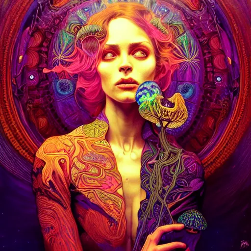 Image similar to An extremely psychedelic experience, colorful, surreal, dramatic lighting, magic mushrooms, psilocybin, LSD, face, detailed, intricate, elegant, highly detailed, digital painting, artstation, concept art, smooth, sharp focus, illustration, art by Krenz Cushart and Artem Demura and alphonse mucha