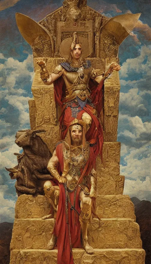 Image similar to the emperor with the head of a ram wearing full body armor, at the top of a barren mountain, golden taurus, mars energy, ankh, wisdom, full body shot, sitting on a stone throne, agostino arrivabene